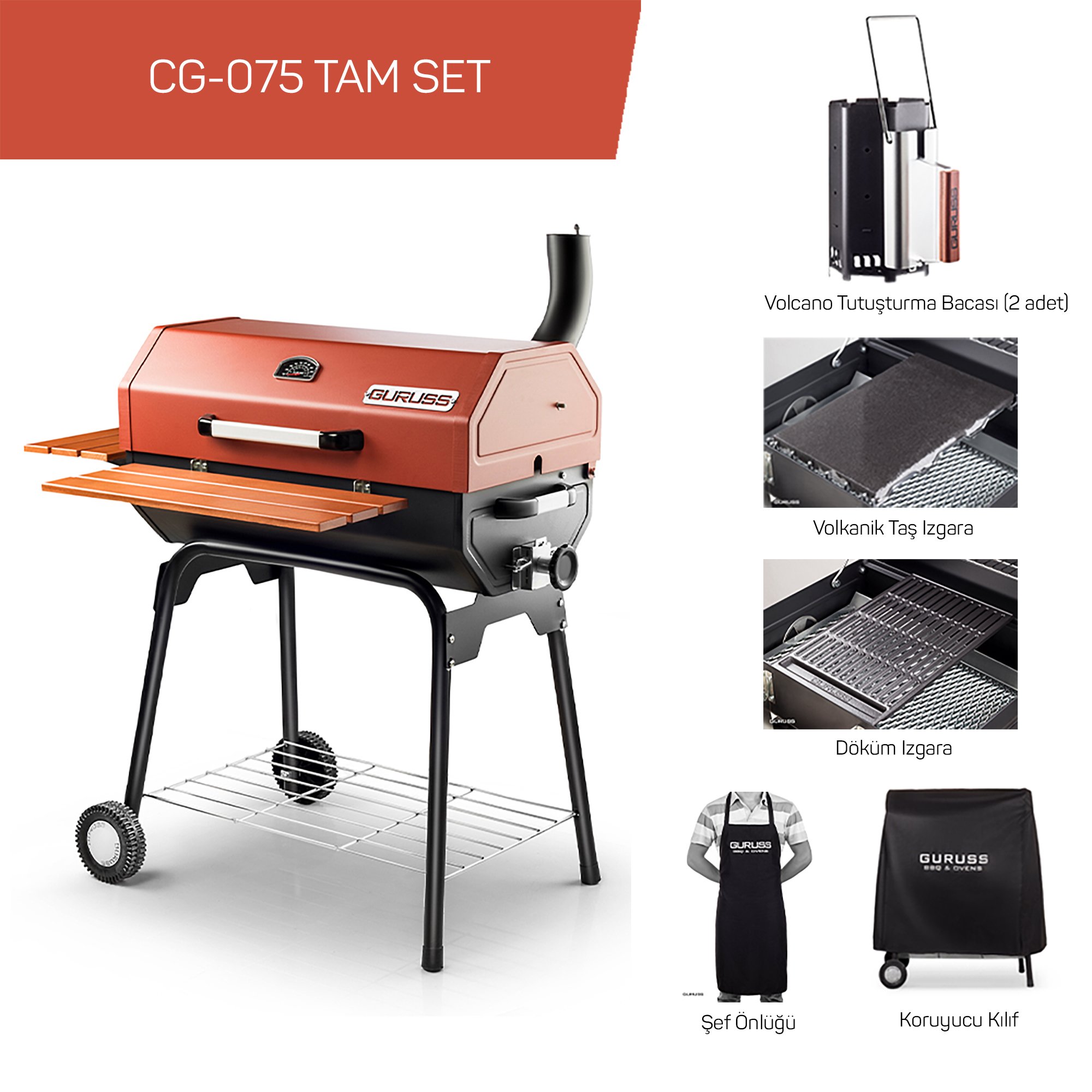 Guruss CG-075 Kömürlü Barbekü Mangal Tam Set Oksit Kırmızı