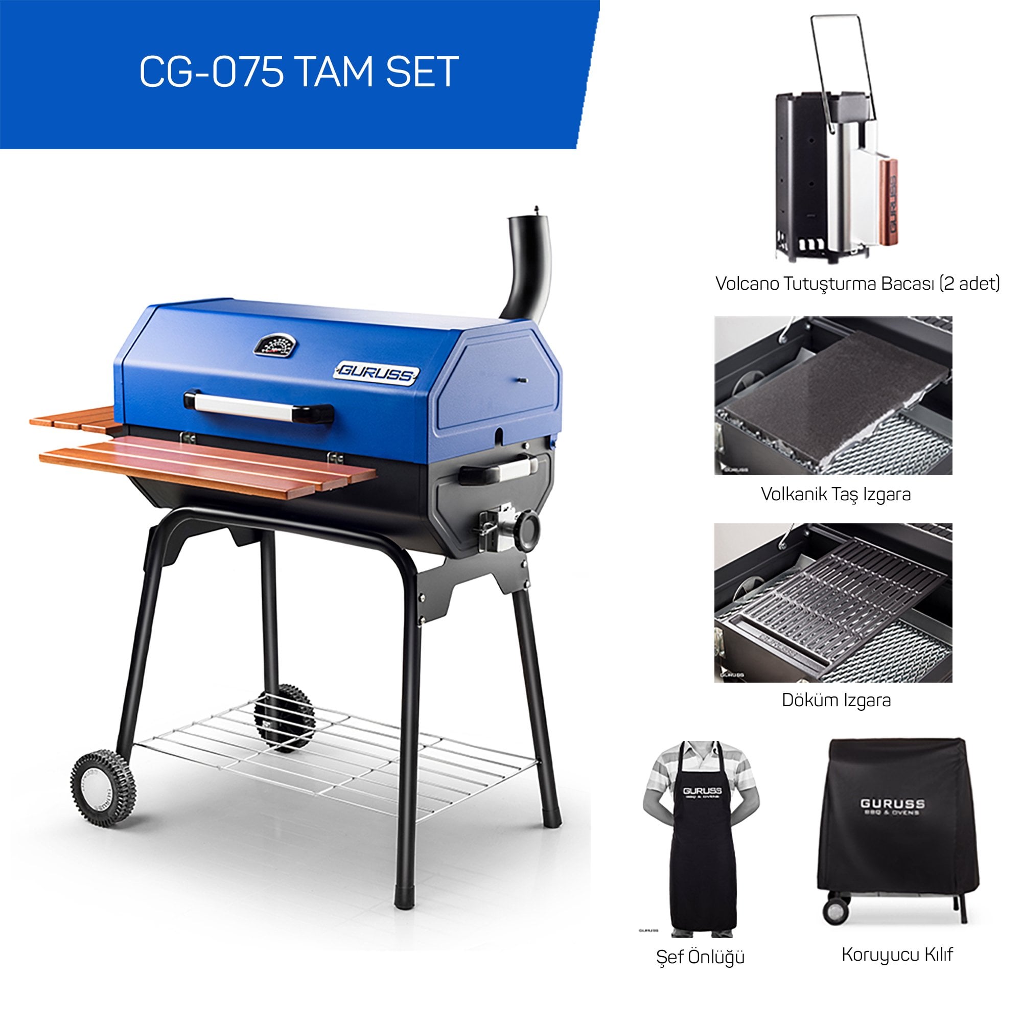 Guruss CG-075 Kömürlü Barbekü Mangal Tam Set Gece Mavisi