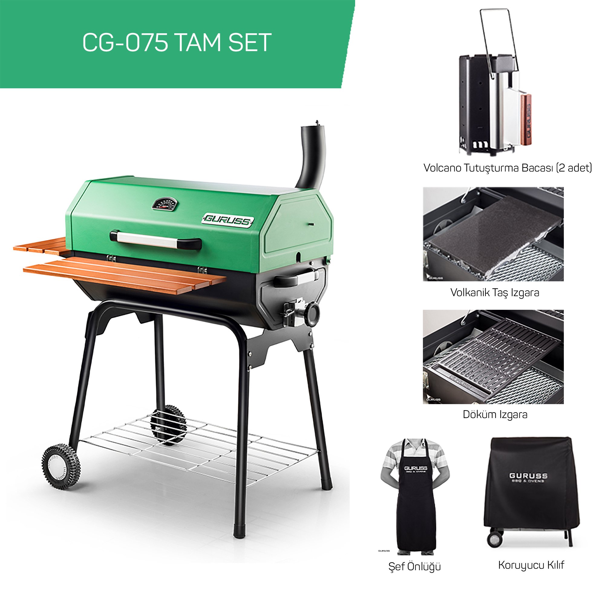 Guruss CG-075 Kömürlü Barbekü Mangal Tam Set Yeşil