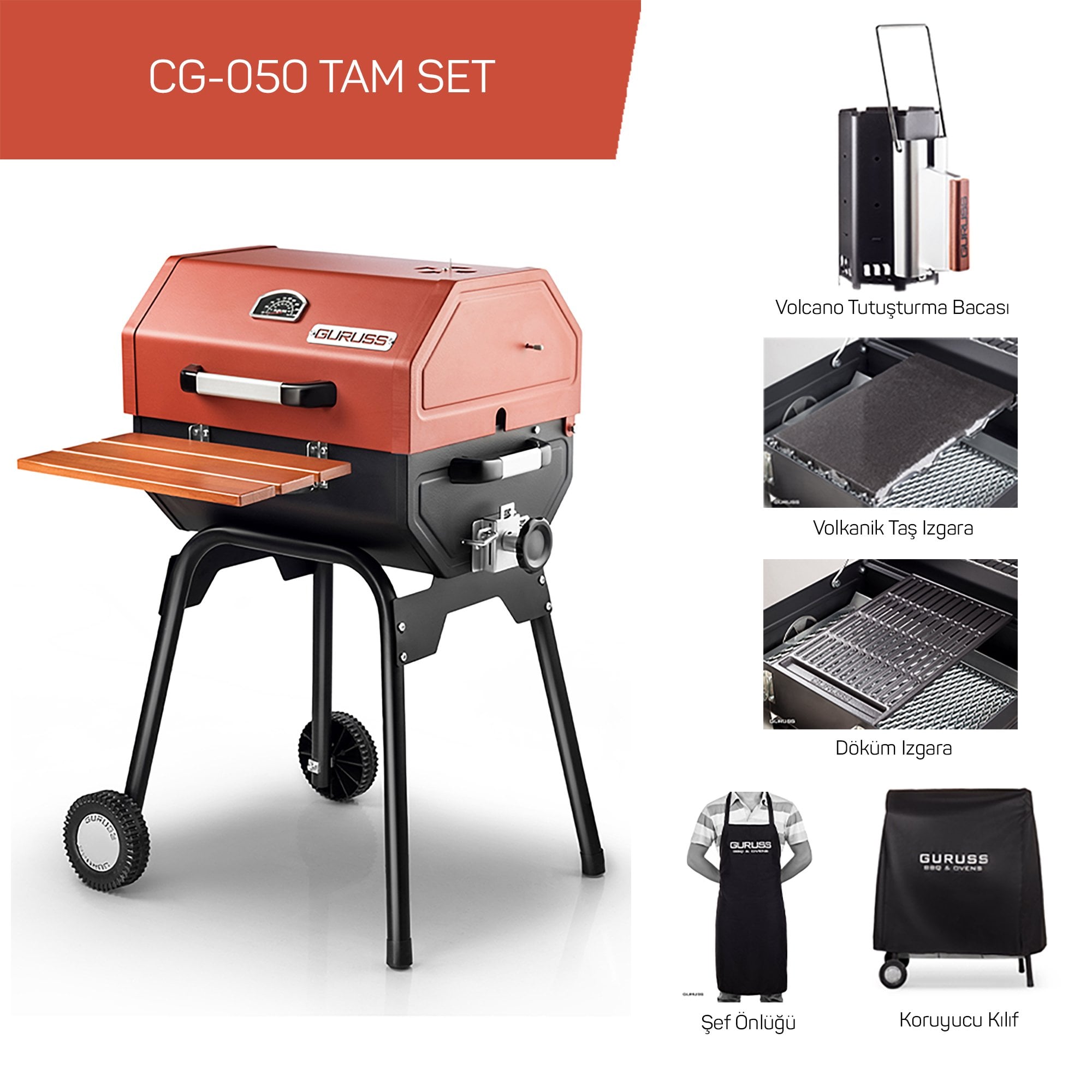 Guruss CG-050 Kömürlü Barbekü Mangal Tam Set Oksit Kırmızı