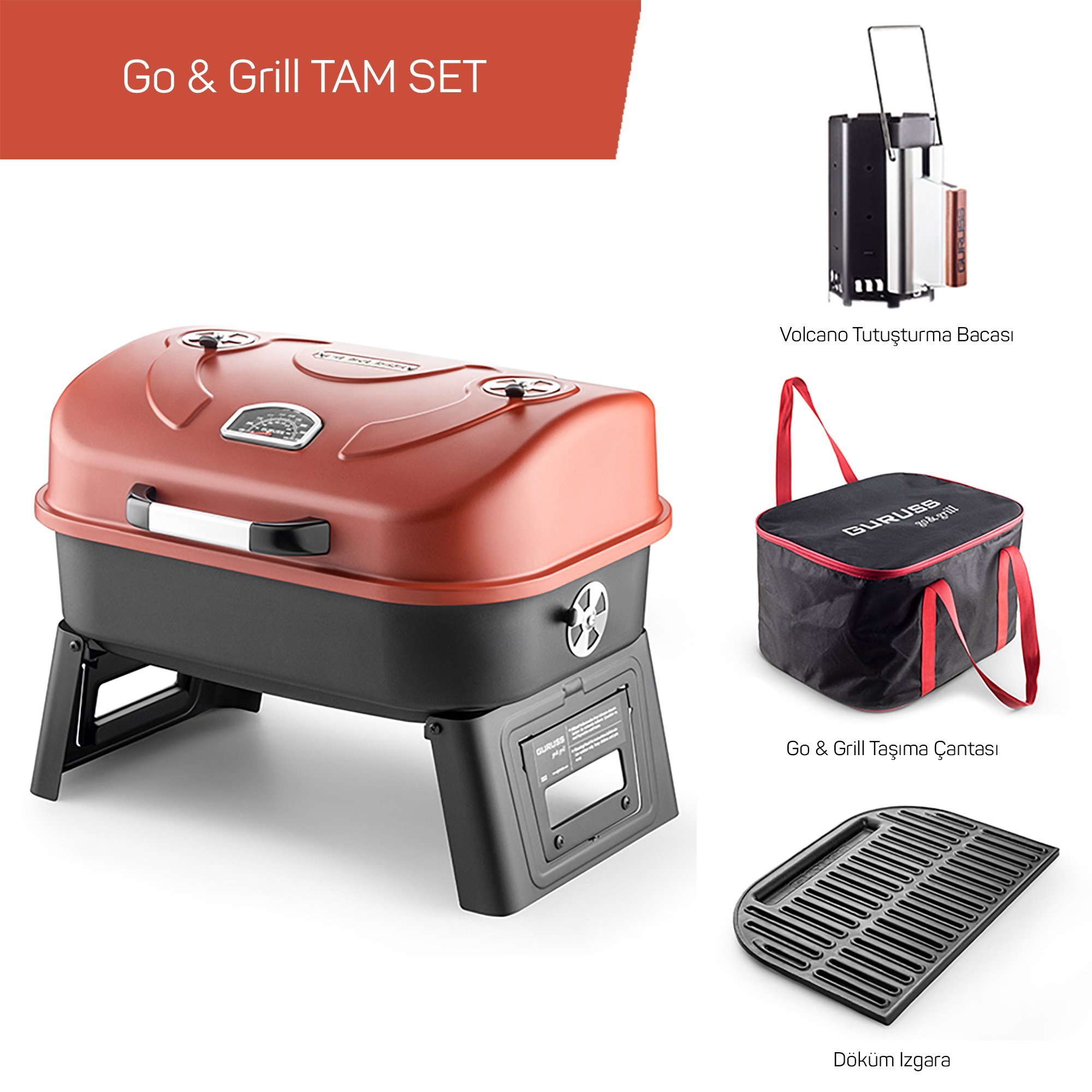 Guruss Go & Grill Barbekü Mangal Tam Set Oksit Kırmızı